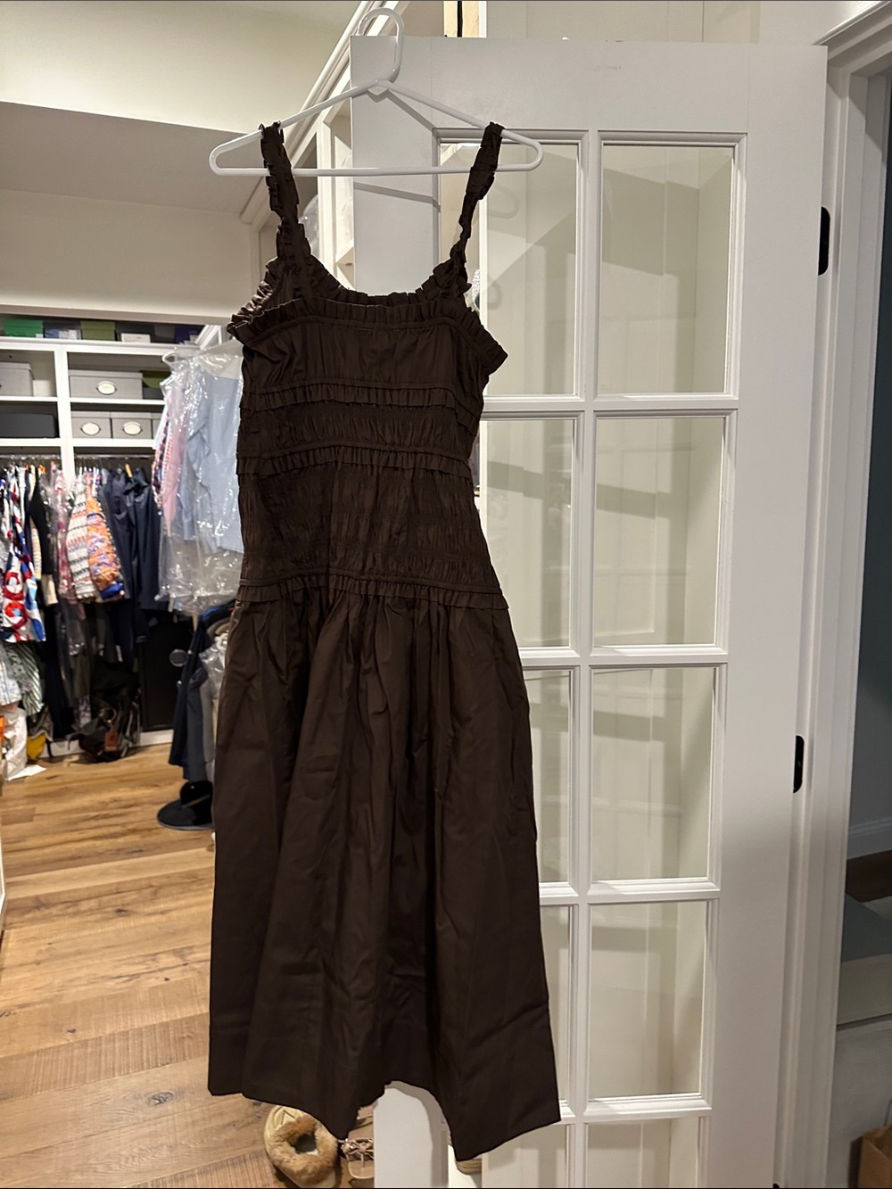 NWT Caroline Constas Chocolate Brown Smocked Midi Dress Size Small - Picture 6 of 8